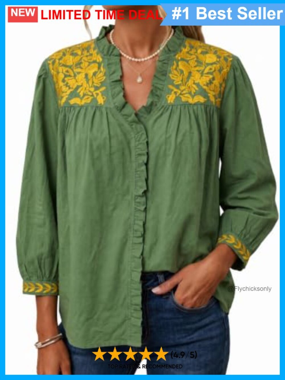 100% Cotton Floral Embroidered Ruffle Neck Blouse 3/4 Sleeve Boho Top